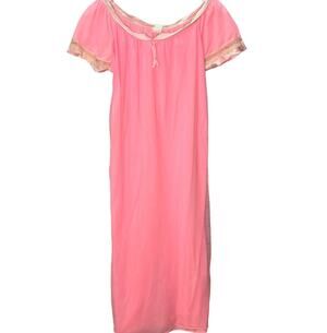 Vintage Julius Nylon Sheer Overlay Nightgown Pink Short Sleeve Size M 70s